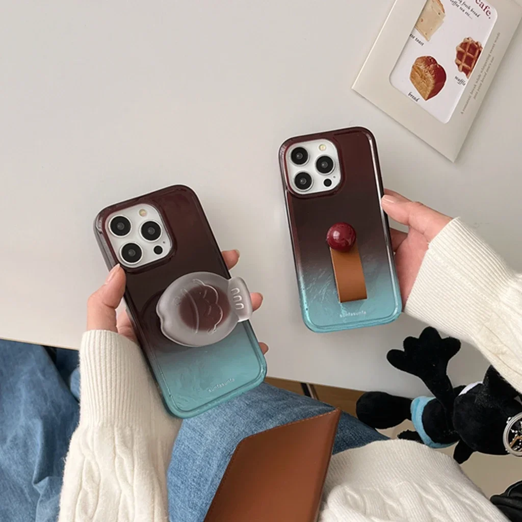 Retro Brown Blue Gradient Taiyaki With Holder With Ring Shockproof Protective Phone Cover Case for iPhone 16 15 14 13 12 Pro Max