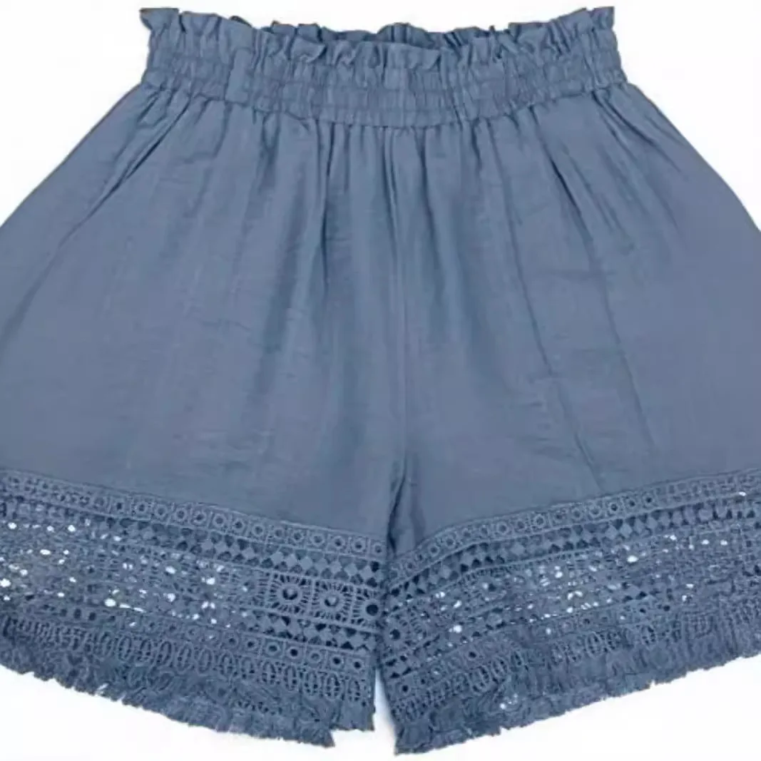 

Дышащие шорты для повседневной носки, вязаные крючком, с вышивкой, с высокой талией, с оборками, летние, на резинке с завязками