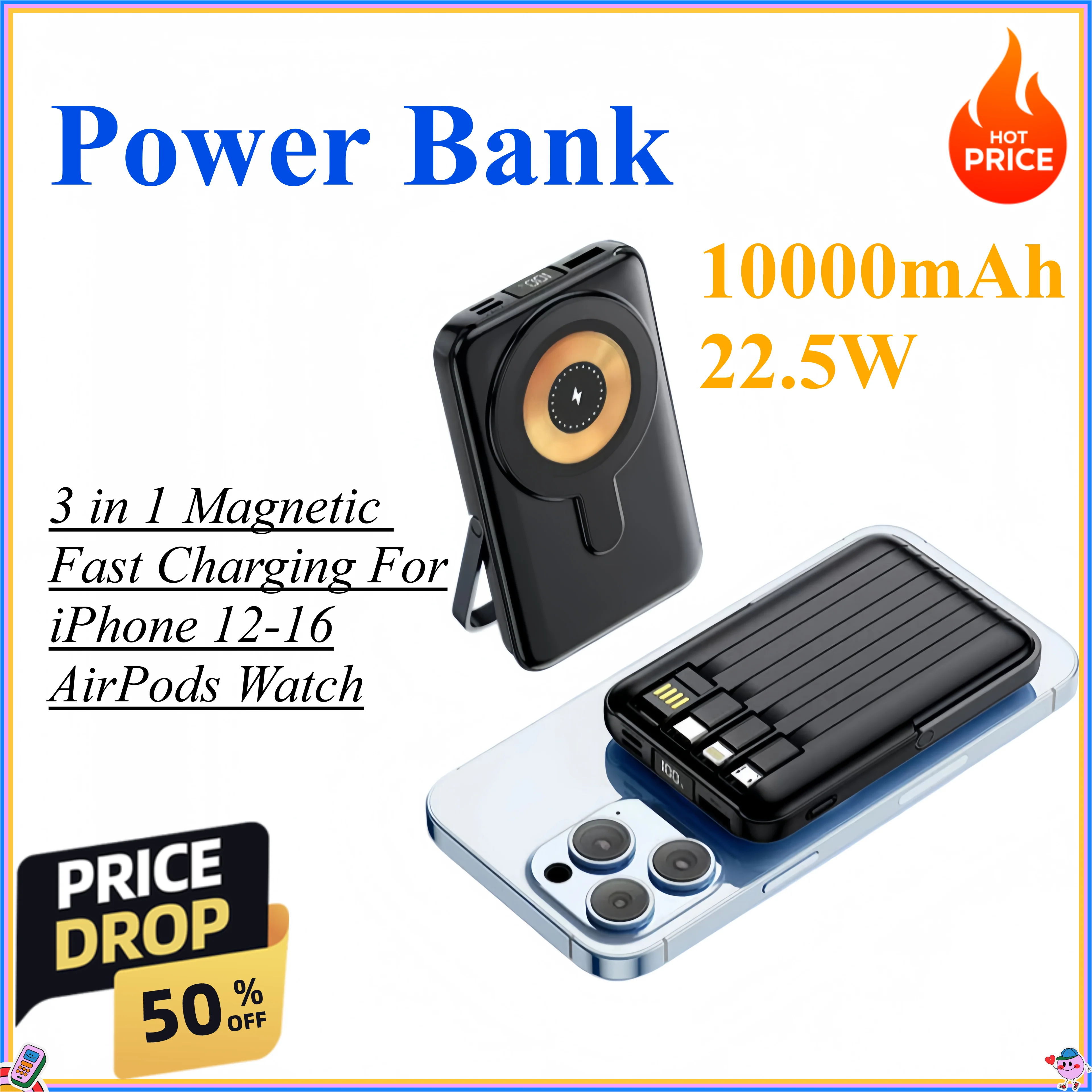

3 in 1 10000mAh 22.5W Magnetic Power Bank Fast Charging Power Bank Wireless Portable Charger For iPhone 12-16 For AirPods Watch