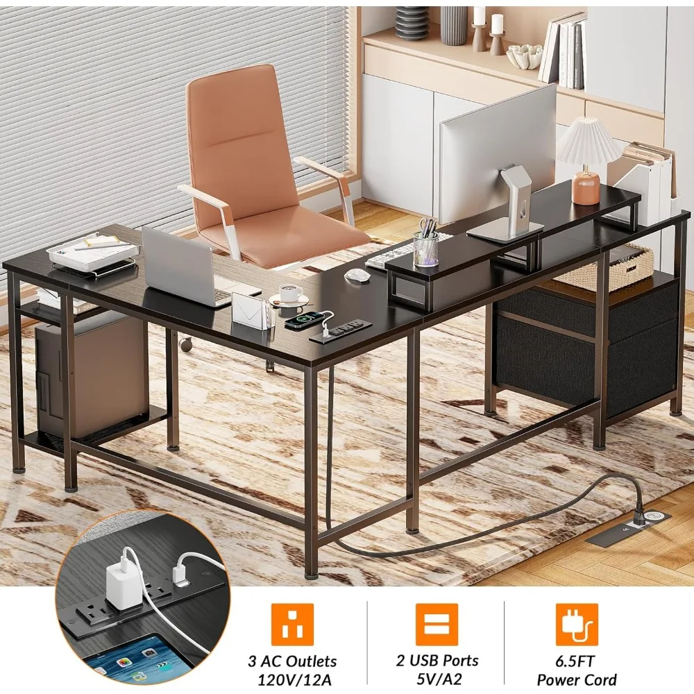L-Shaped Gaming Desk with Power Outlet, Reversible Design, File Drawer, and Dual Monitor Stands for Home Office