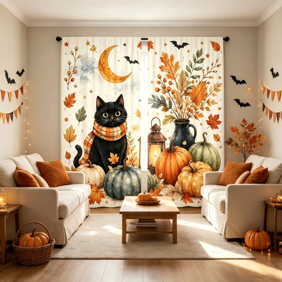 2PCS Digital Print Curtain, Cute Black Cat Scarf Moon Pumpkins Autumn Leaves Bats Pattern, Cozy Halloween Fall Style Home Decor