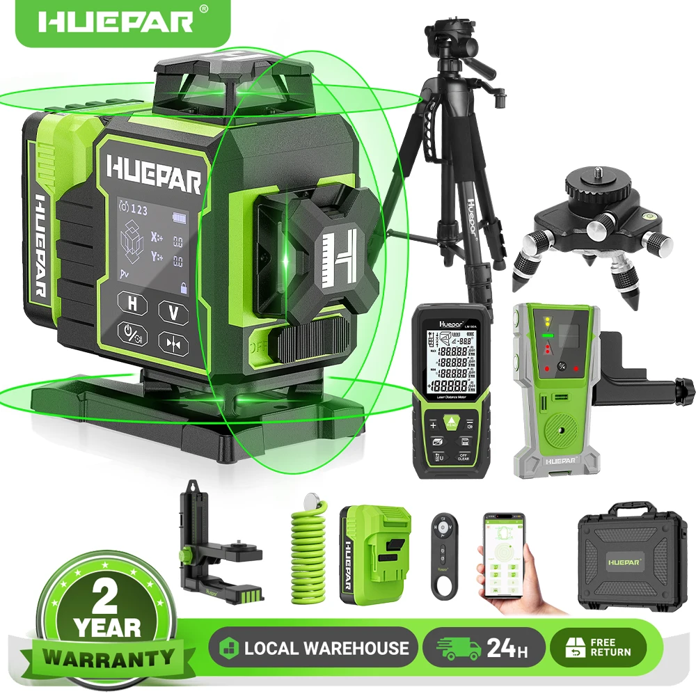 Huepar 4D Grün 360 ° Laser-Nivelliergerät Selbstnivellierend Bluetooth 16 Linien Laser-Nivellierwerkzeug mit Elektrisch Rotierender Basis Großes LCD-Display