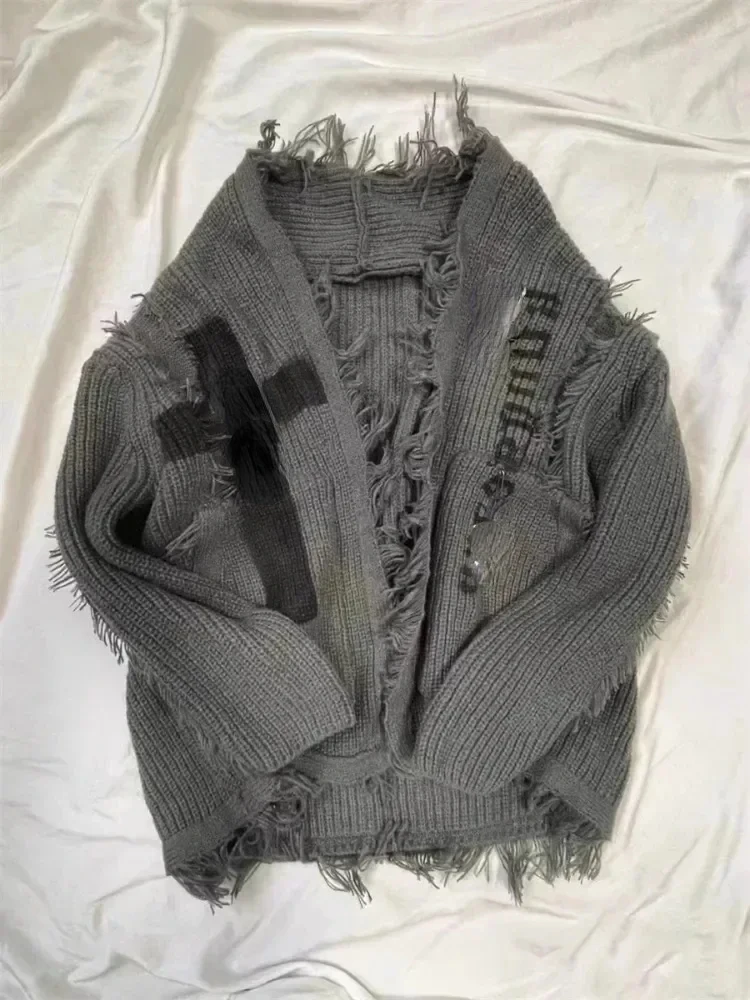 Vintage Grunge Loose Hollow Out Sweaters Fashion Gothic Punk Cross Letter Knitted Coat Y2k Streetwear Harajuku Cardigans Women
