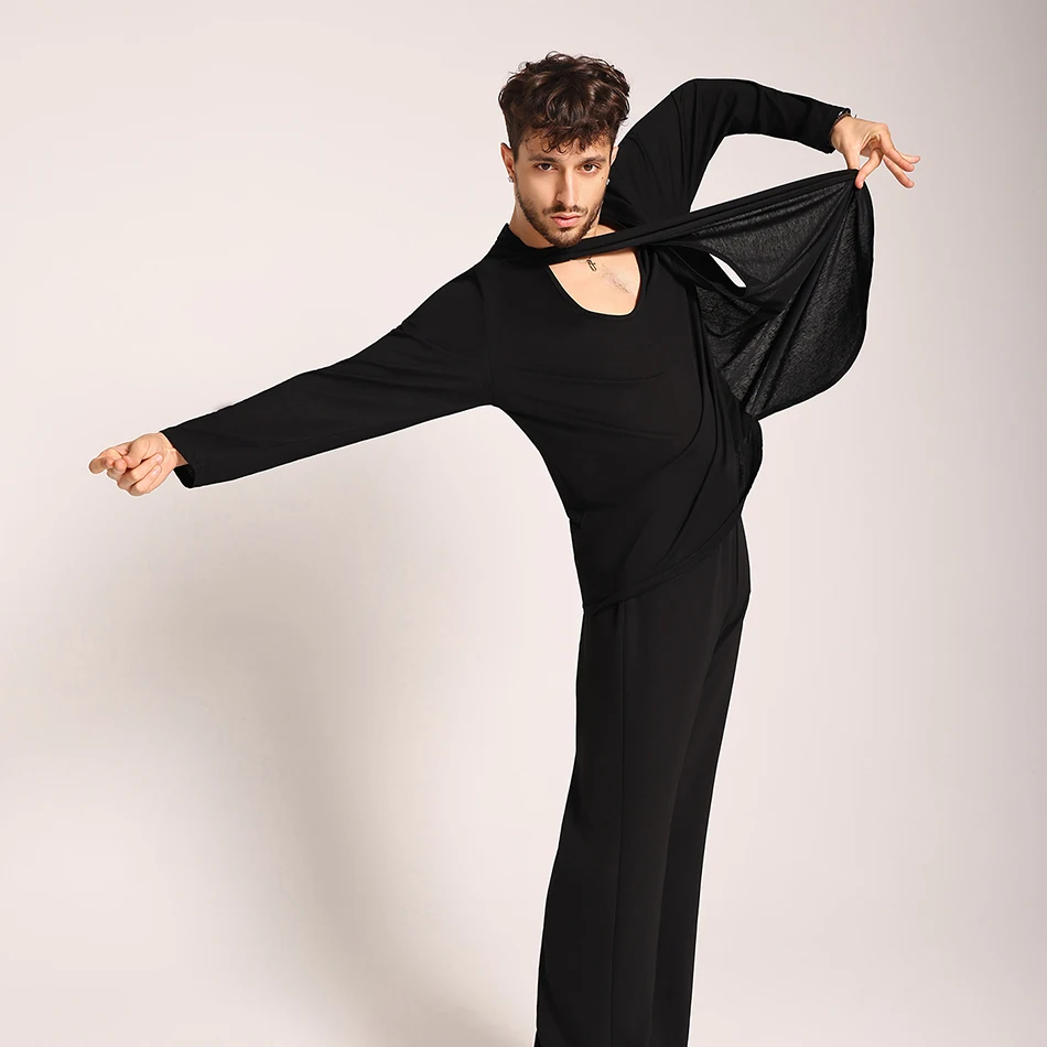 

2025 мужские топы для латинских танцев с длинными рукавами и круглым вырезом, тренировочная рубашка для ча-ча, самбы, румбы, одежда для бальных танцев