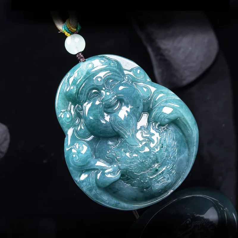 Natural A-grade jade three-dimensional wealth god thickened exquisite aged high ice jade pendant beauty pendant blue safe sign