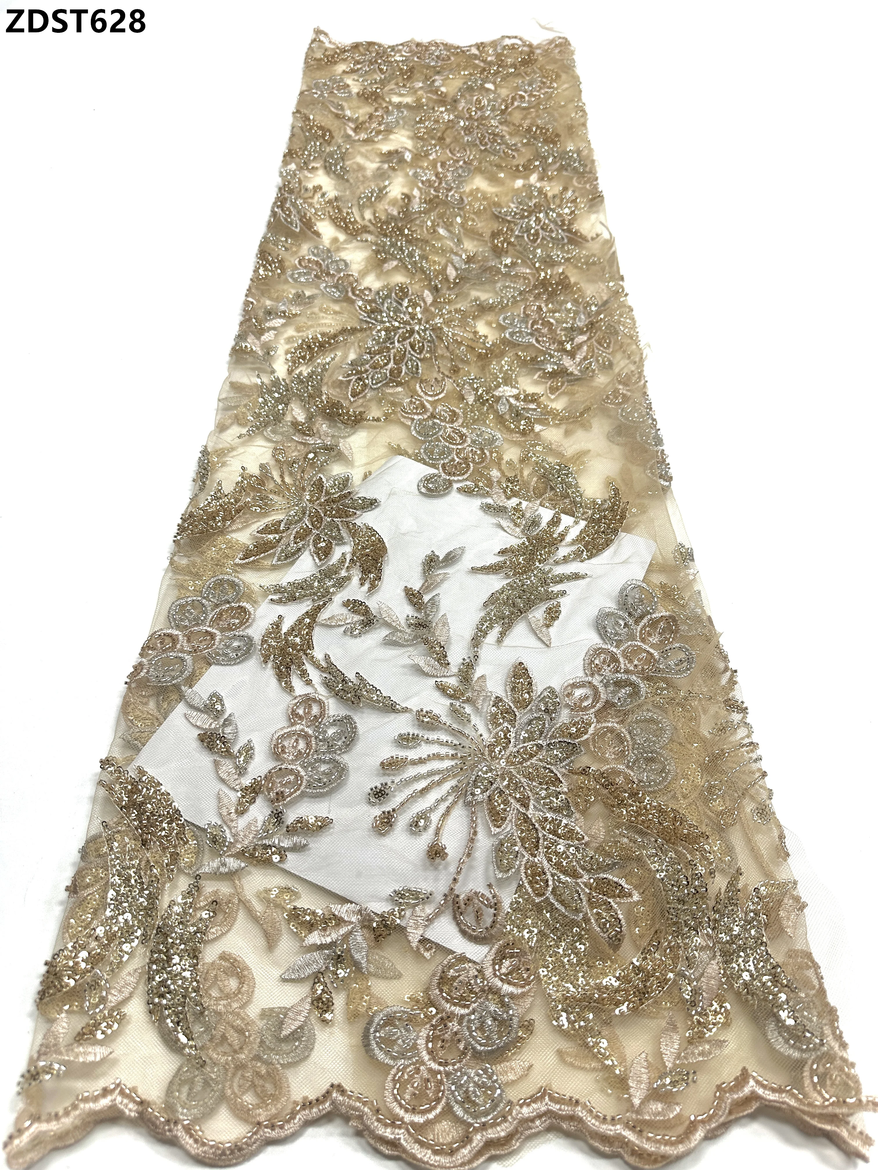 5 Yards Nigerian Style Luxury European Bridal French Tulle Fabric with Sequins And Bead for Wedding Dress Party Lace