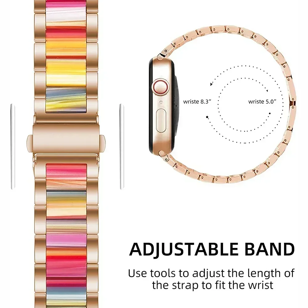 Cute Stainless Steel+resin Strap for Apple Watch Band 10 42mm 46mm 9 8 7 41mm 45mm Women Bracelet for IWatch 6 5 4 se 40mm 44mm