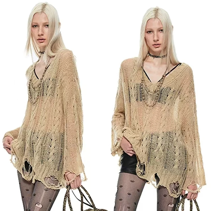 

Женские футболки с отверстиями Y2K, трикотажная рубашка с рукавами «летучая мышь» для женщин, свободные уличные топы, весна-осень 2024