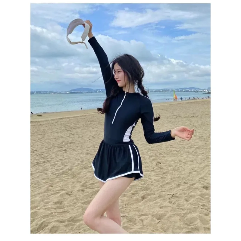Athletic Black Short Sleeve Two Piece Swimsuit with Zipper Front Contrast Stripe Sporty Swimwear for Beach Pool Vacation - Image 4