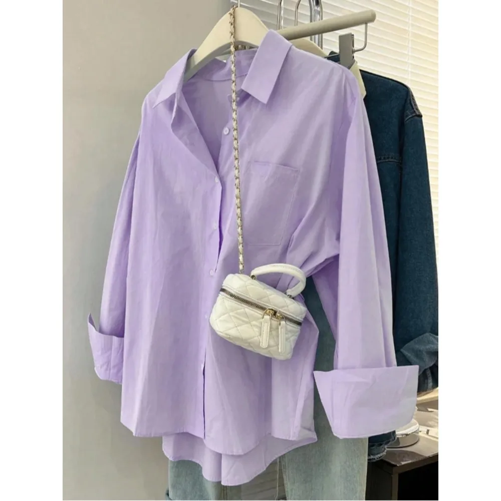 เสื้อเชิ้ตแขนยาวลำลองสำหรับผู้หญิงไซส์ใหญ่ 1XL-5XL ดีไซน์เรียบหรูทันสมัย สีพื้น เนื้อผ้าพอดีตัว หนาปานกลาง