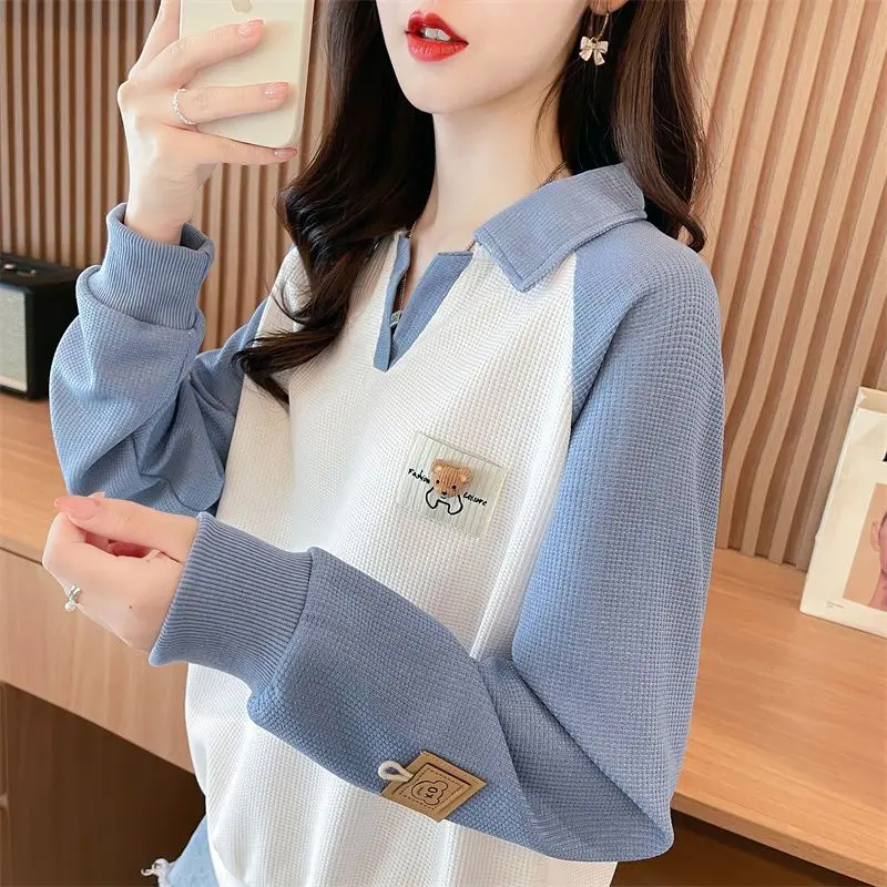 Fashion Lapel Spliced Loose Casual T-Shirt Female Clothing 2023 Autumn Winter Oversized All-match Pullovers Korean Tee Shirt