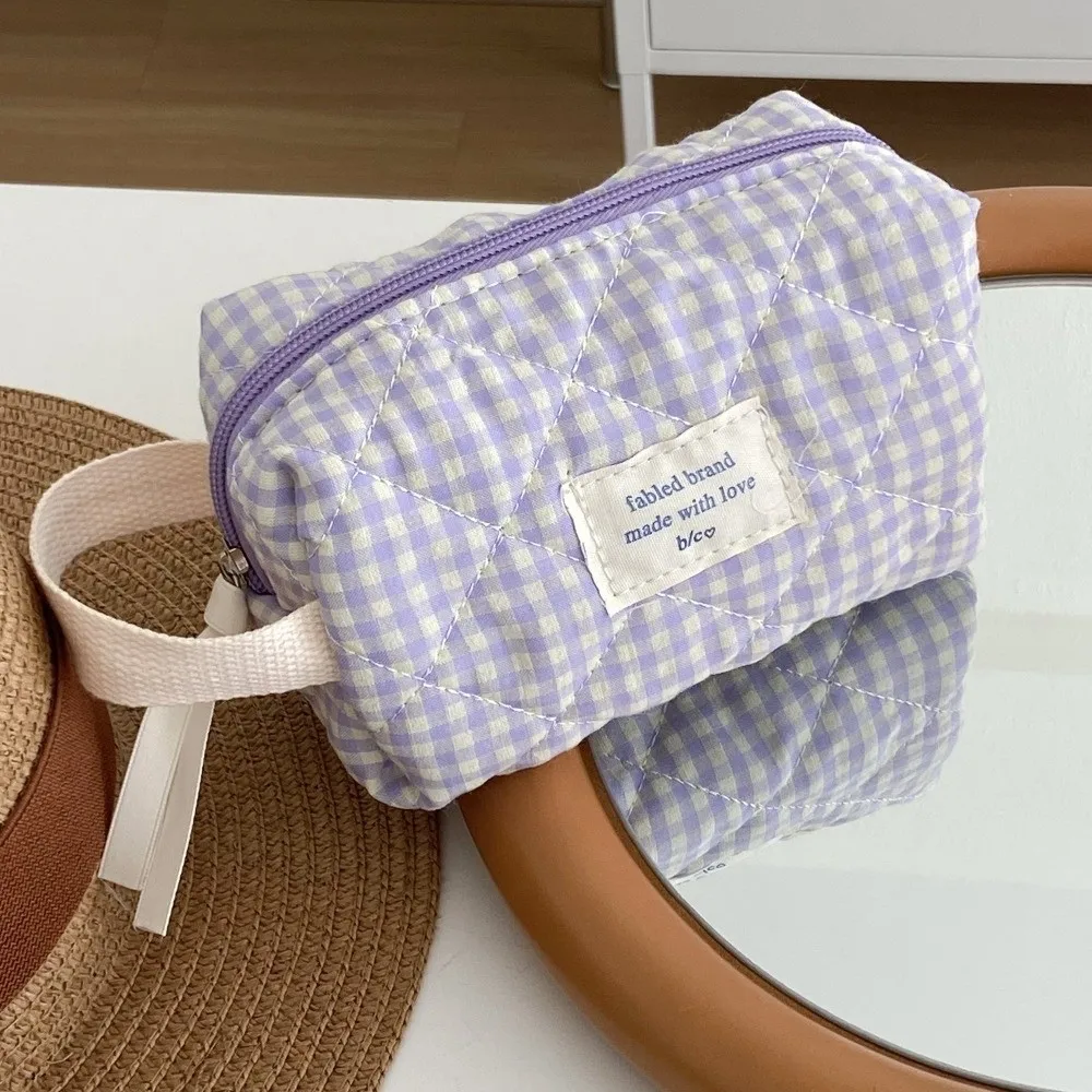 카와이 코튼 메이크업 가방 체크 무늬 귀여운 스토리지 손목 가방 대용량 멀티 사이즈 화장품 주최자 여행용