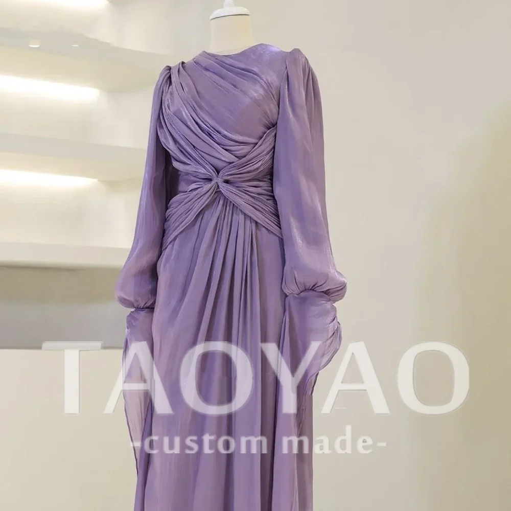 Modest Pink Chiffon Evening Dress Pleats Puff Long Sleeve Floor Length Prom Dresses Ruched A-Line Arabia Party Gowns Customized