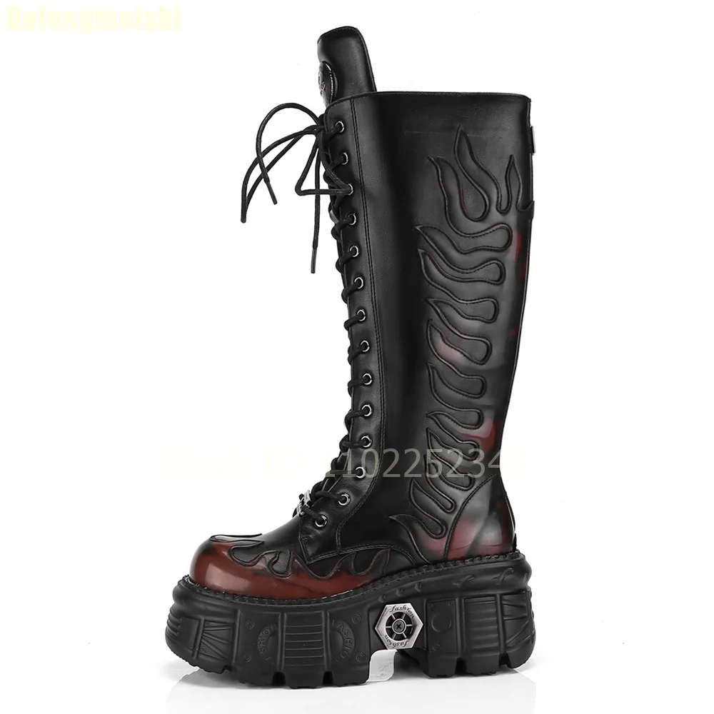 

Tank Platform Punk Style Motorcycle Boots Metal Flame Pattern Lace-Up Knee-High Boots Back Zipper Height-Increasing Boots