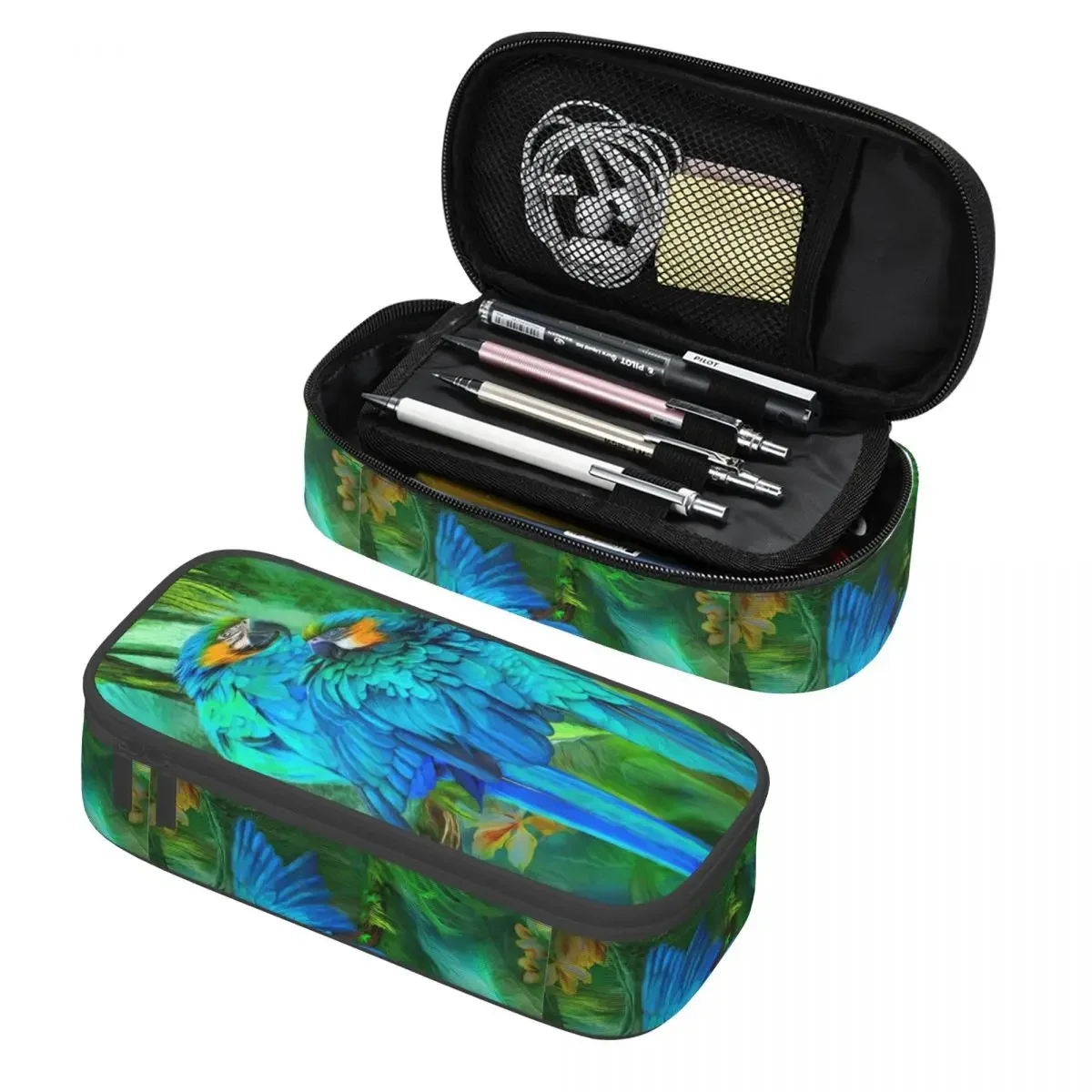 

Custom Tropic Spirits Macaw Couple Parrot Birds Pencil Cases for Girls Boys Large Capacity Tropical Plant Pencil Box Stationery