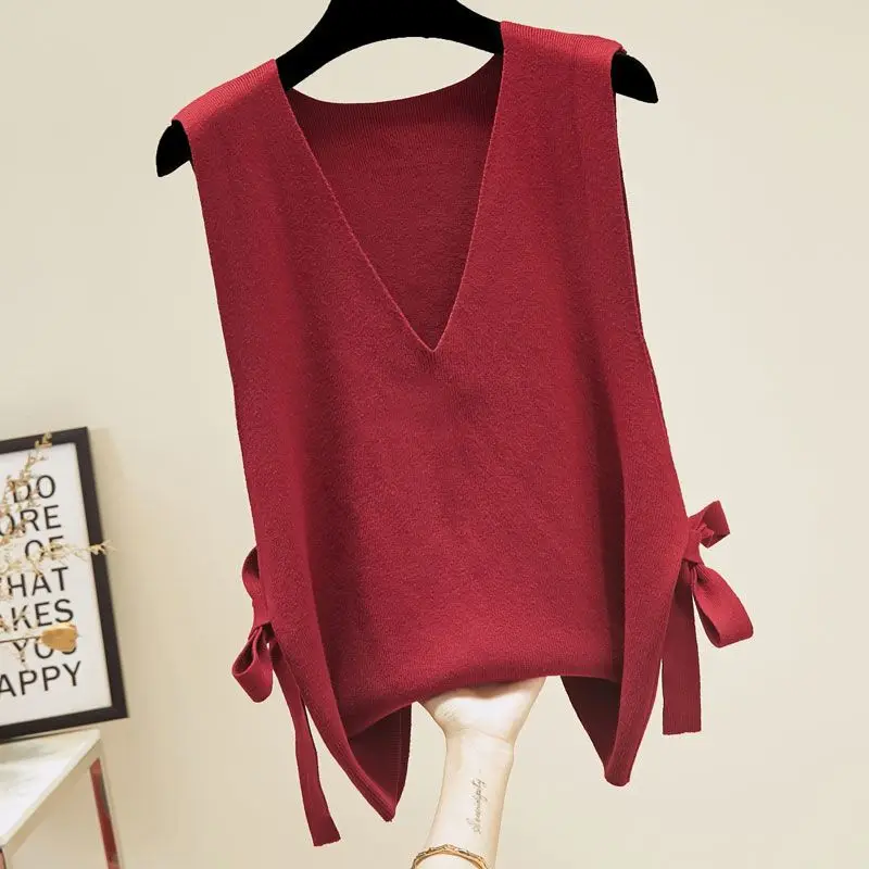 Suéter feminino casual monocromático com decote em v, colete coreano sem mangas, macacão com cordão, roupa básica, primavera, outono, moda