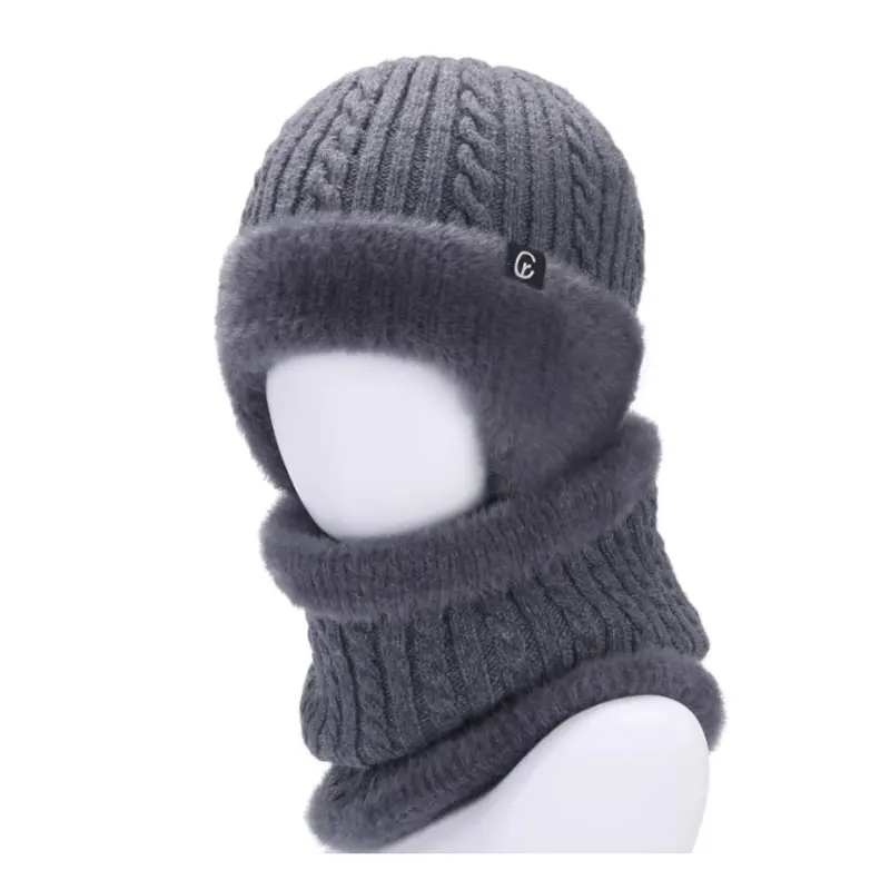 Fashion Soft Knitted Fox Fur Neck Warmer Sport Scarf Hat Set For Men Women Outdoor Riding Hat Beanies Neck Protection Scarf Cap