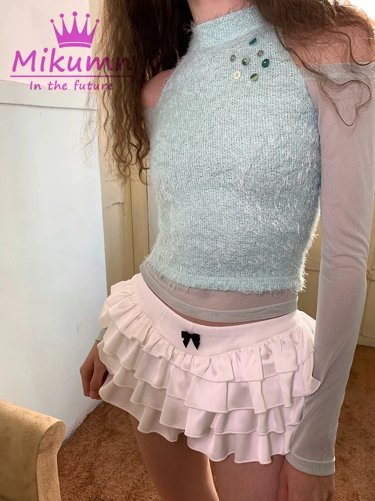 Harajuku Women Kawaii White Pink Black Cute Bow Ruffles Cake Mini Skirt Y2k Grunge Aesthetics Elastic Low Waist Pleated Skirt