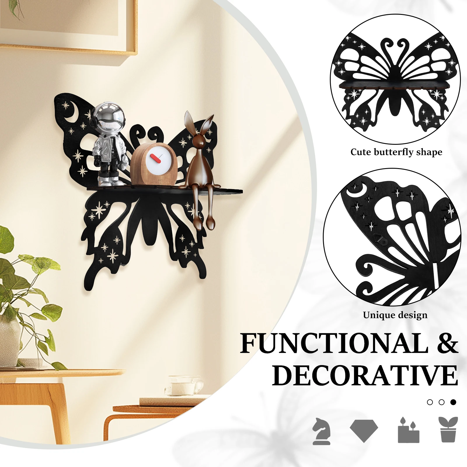 2Pcs Wall Mounted Floating Shelf Hollow Wooden Shape Butterfly Crystal Display Rack for Home Crystal Holder Wall Decoration