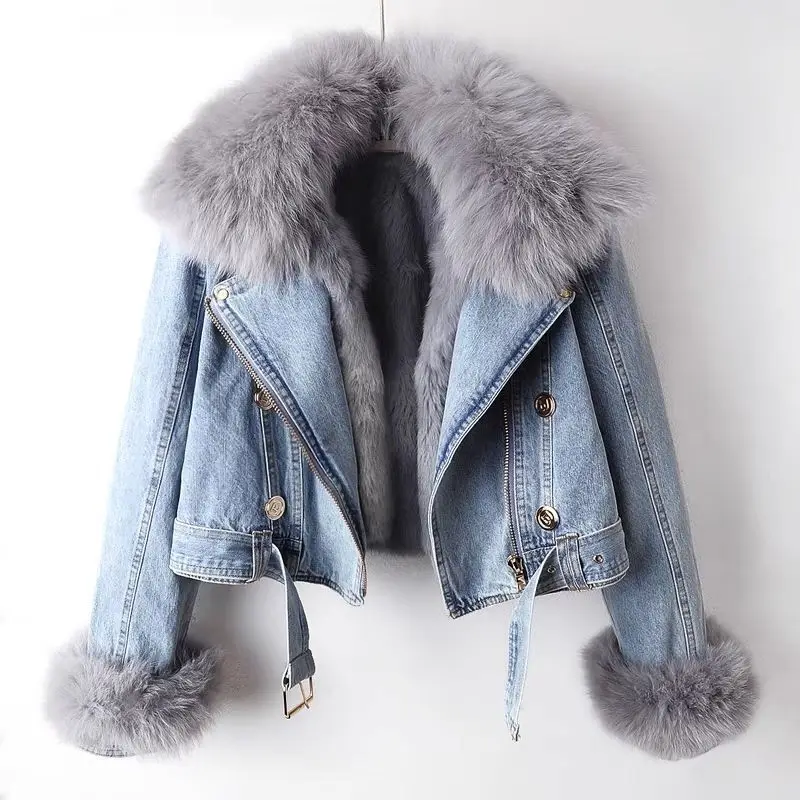 AW Nuevo Abrigo de Mezclilla para Mujer con Cuello de Piel Sintética de Zorro, Chaqueta de Invierno Corta y Cálida, Forro de Pelo de Conejo, Abrigo de Moda