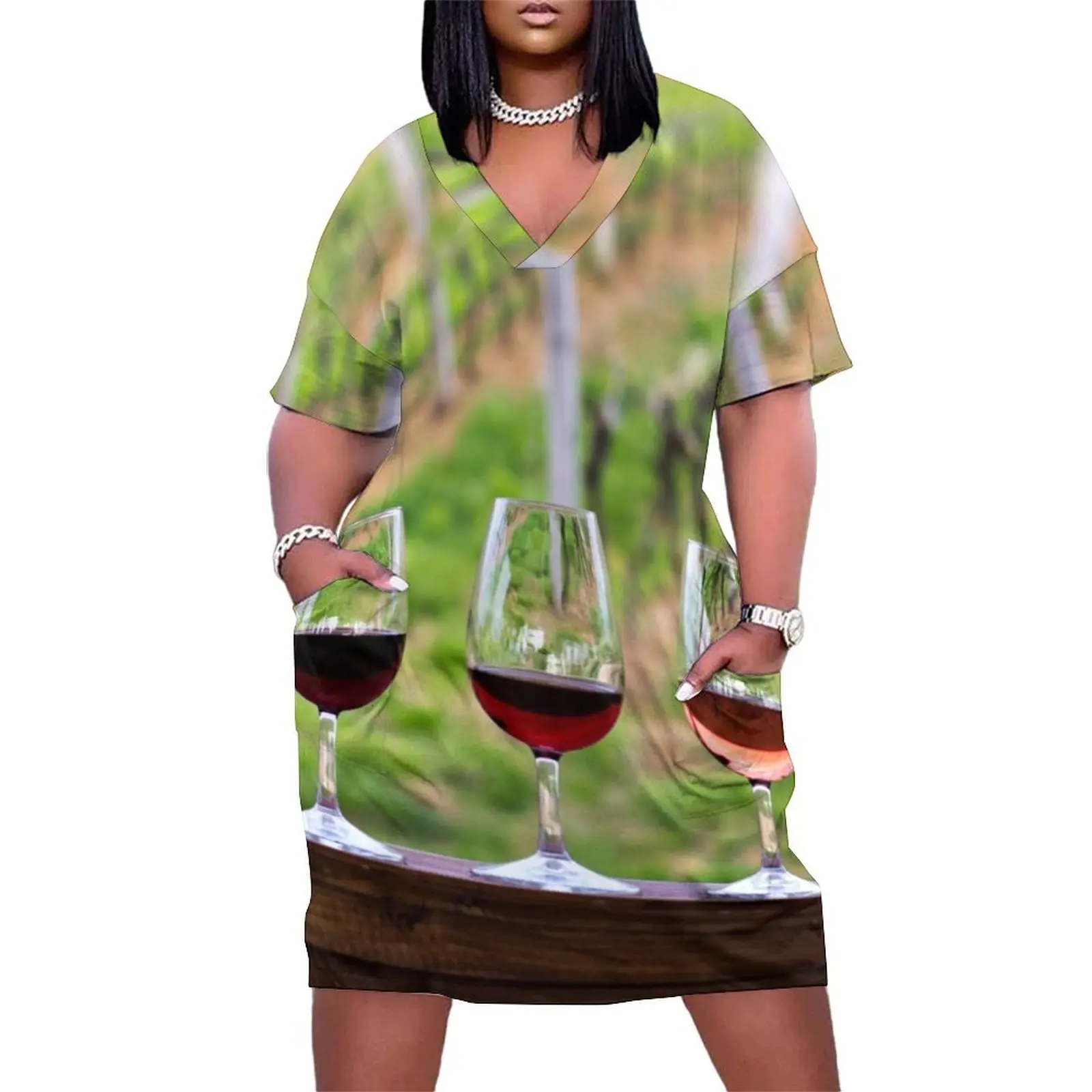 Wine glasses - wine tasting in the vineyard Loose Pocket Dress womens dress sexy short dresses daring women's dresses luxury