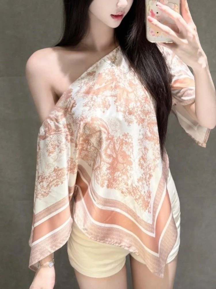 KING BRAND Summer irt Ele Pink Print Oblique oulder Design French Sle Loose Fit Women's Faion Daily Wear