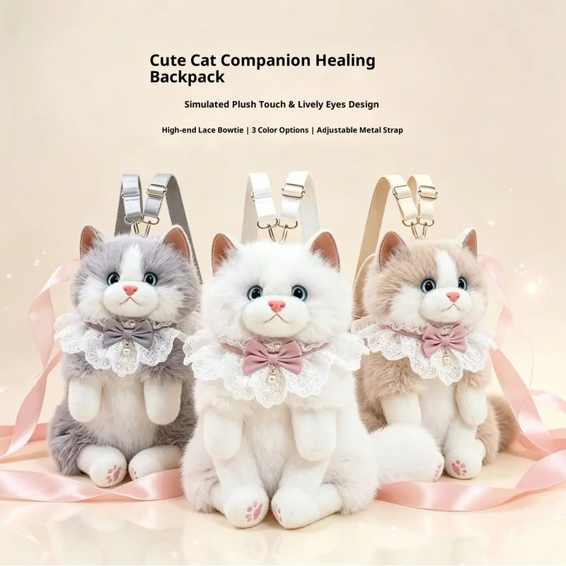 Plush Cat Backpack Lifelike Soft Faux Fur With Sound Effect Adjustable Metal Strap Lace Collar Daily Outdoor Use For Adult
