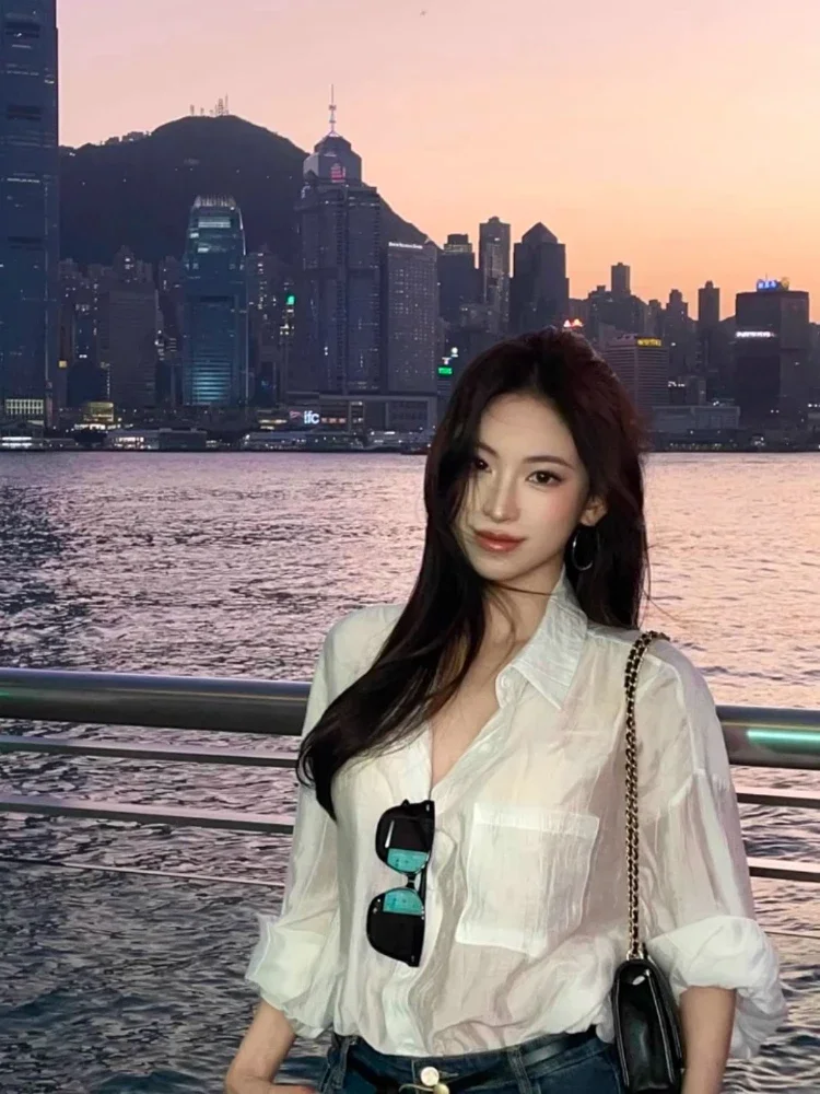 Blusa feminina coreano topos 2025 ropa mujer proteção solar elegante novas blusas turn down collar manga longa mulher chique branco blusas