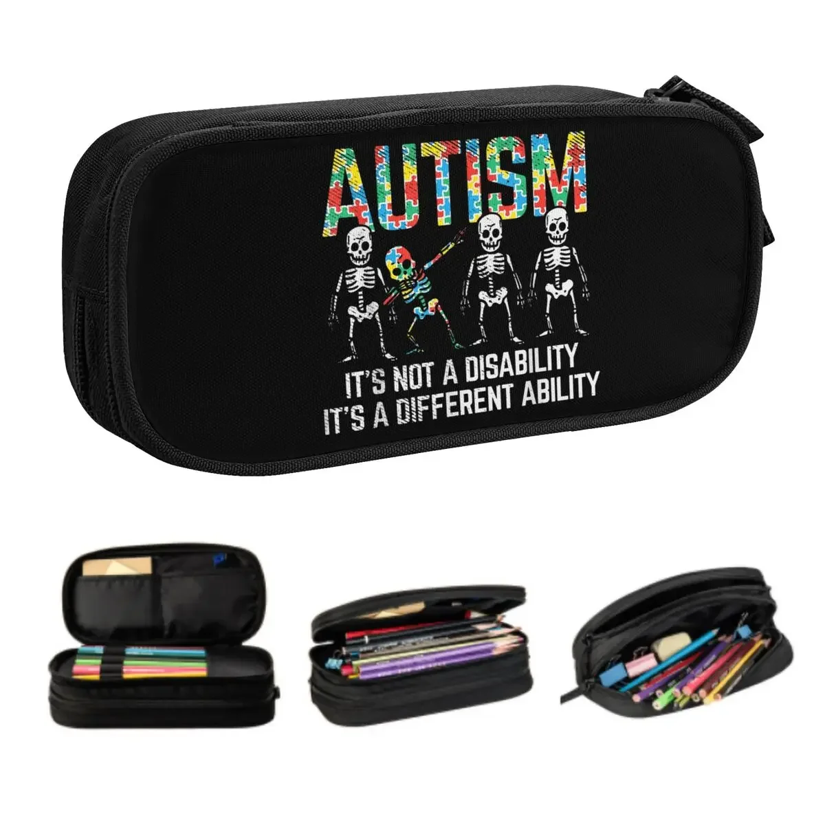 Custom Korean Dabbing Skeleton Disability Autism Awareness Pencil Case for Girls Boys Large Capacity Pen Box Bag School Supplies