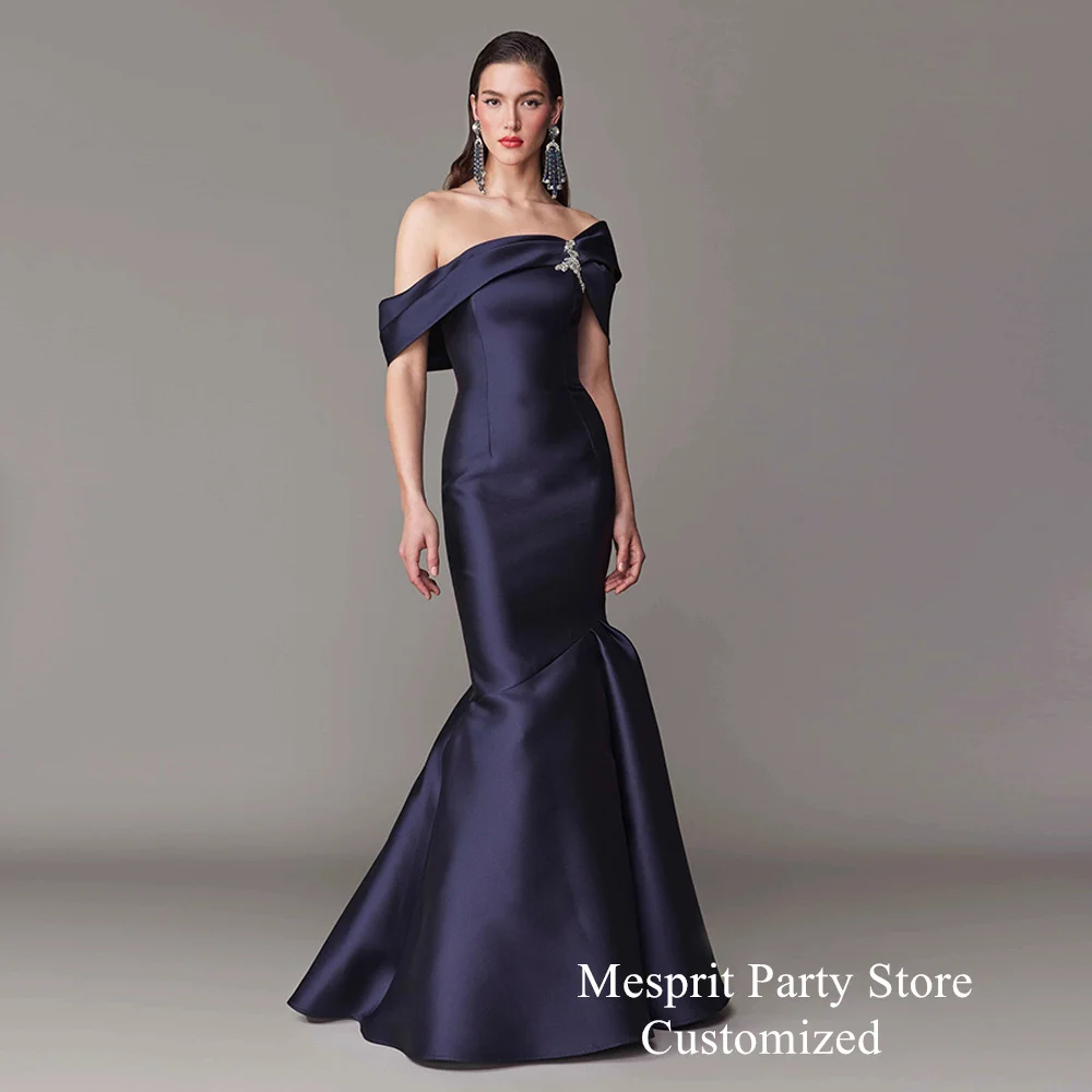 

Navy Mermaid Evening Dress Customized Off The Shoulder Beading Backless Trumpet Satin Party Gown Woman Arabic Prom Dresses