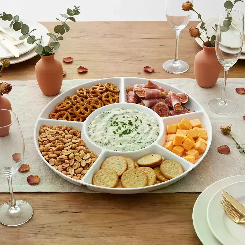 Portable Plastic Food Storage Tray Reusable Round Shape Divided Dinner Plate 5-Compartment Snack Container Plate Household Use