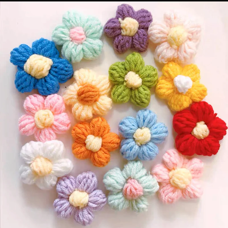 12pcs Handmade Knitted Wool Flower DIY Accessories Girls Cute Puff Color Flower Bag Clothes Hairpin Jewelry Decor Craft Supplies