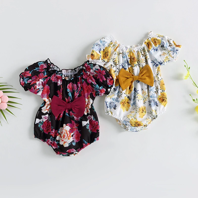 

0-18Months Baby Girl Summer Romper Short Sleeve Off Shoulder Round Neck Floral Print Elastic Waist Bow Bodysuit