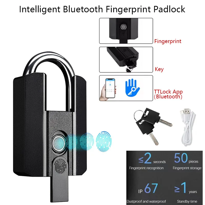 Intelligent Bluetooth Fingerprint Padlock TTLock App Unlock & Fingerprint Unlock & Key Unlock Warehouse Cabinet Door Lock