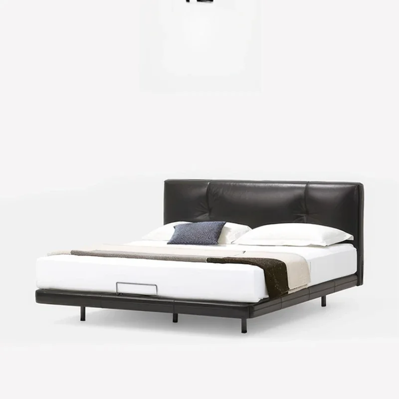 Moonlight Puff Leather Bed, Medieval Retro Puff Full Flush Edge Suspension Bed, Black