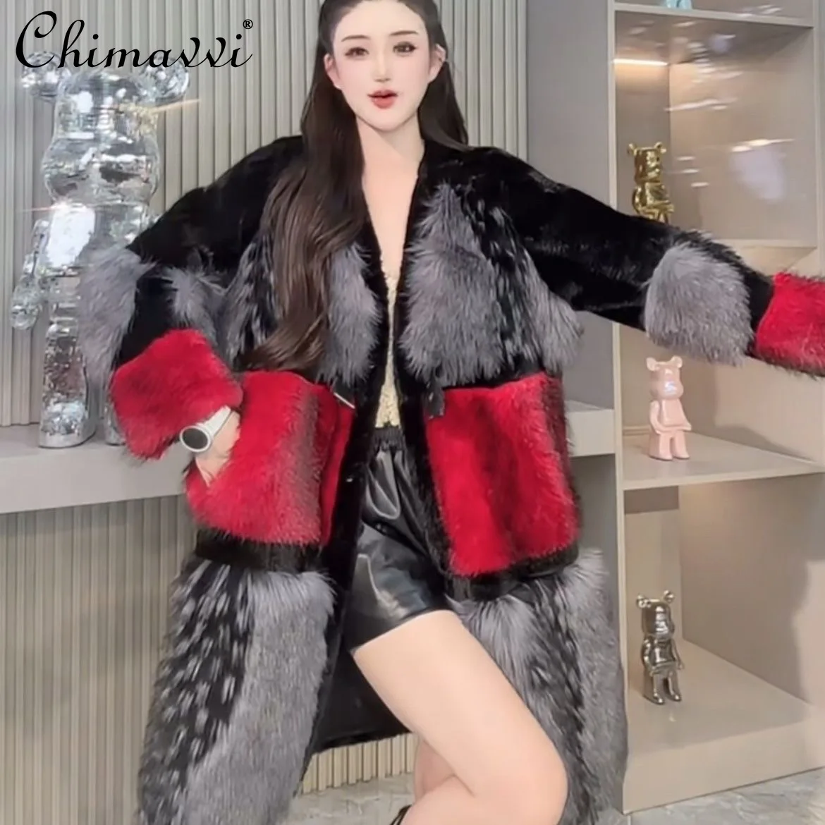 2025 Winter New High-End Fashion Long Patchwork Color-Block Fur Coat Heavy Leopard Print Loose Elegant Warm Faux Fur Jackets