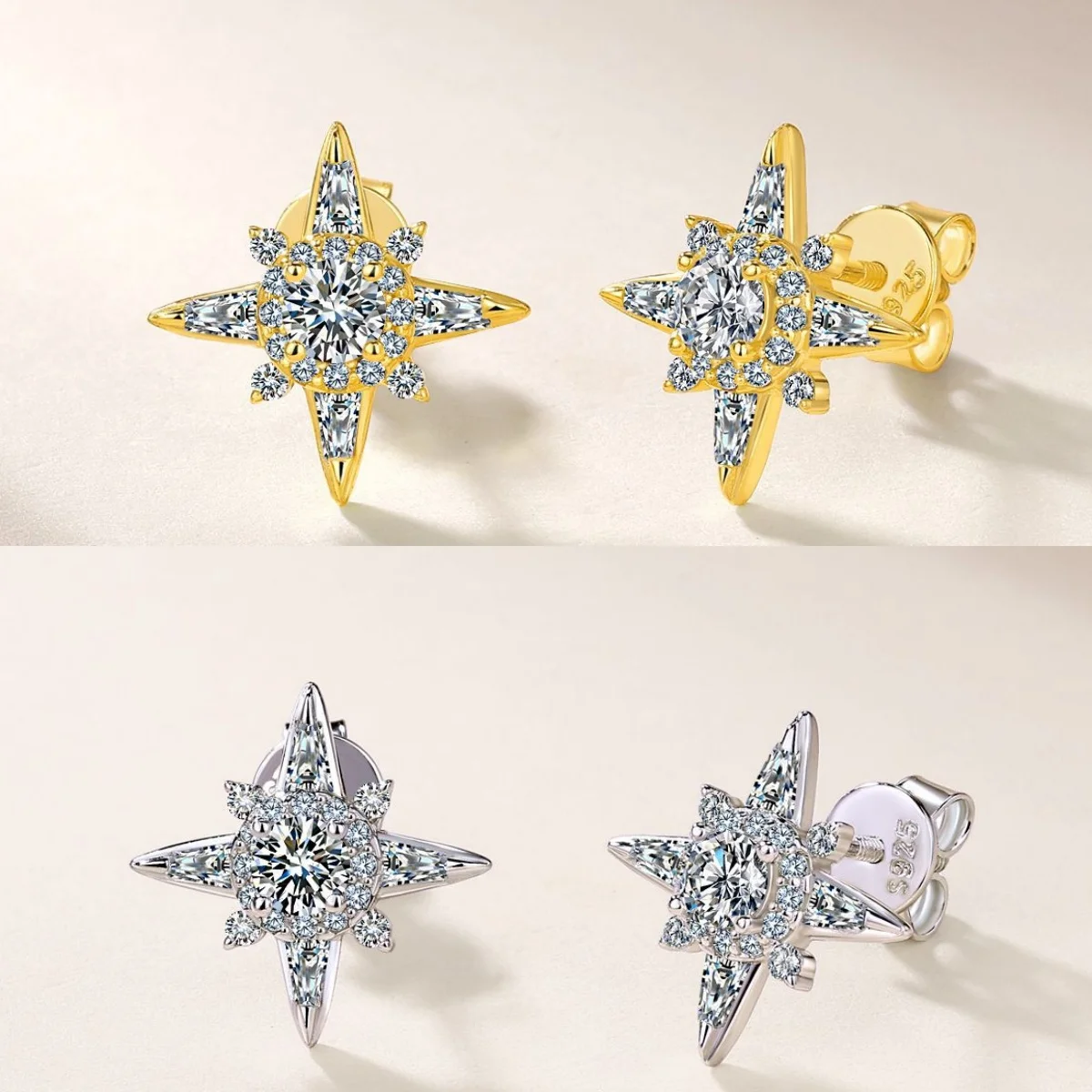 S925 silver plated 18K gold full set moissanite diamond eight pointed star earrings 0.9ct For Women Party Gift