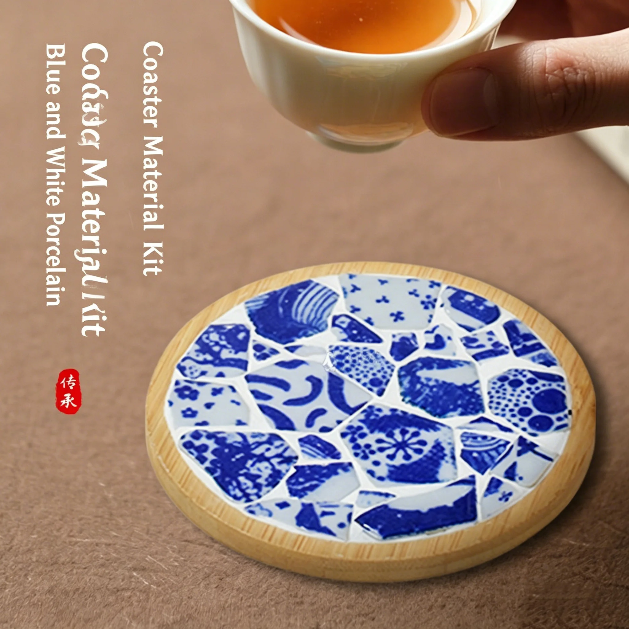 DIY Blue White Porcelain Coaster Material Kit Bamboo Base Handmade Cup Mat Set Parent-child Interactive Craft Kit for Home Decor