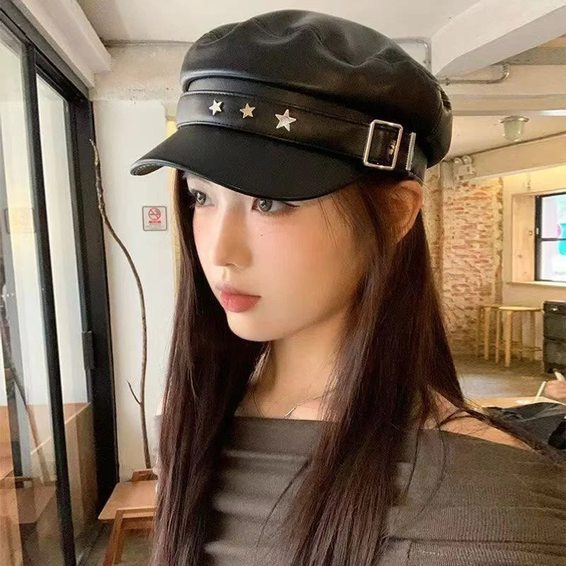 النساء القبعات السوداء بولي Leather الجلود شقة أعلى موزع الصحف قبعات خمر واقية من الشمس إنجلترا شقة Y2k الفتيات الشرير نمط الرجعية قبعة البيريه تنوعا