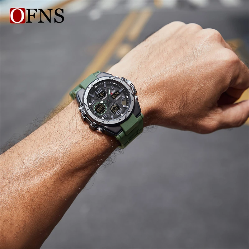 OFNS S6008 relojes de cuarzo de lujo para hombres, reloj deportivo militar resistente al agua para hombres, reloj de pulsera Digital LED con pantalla Dual