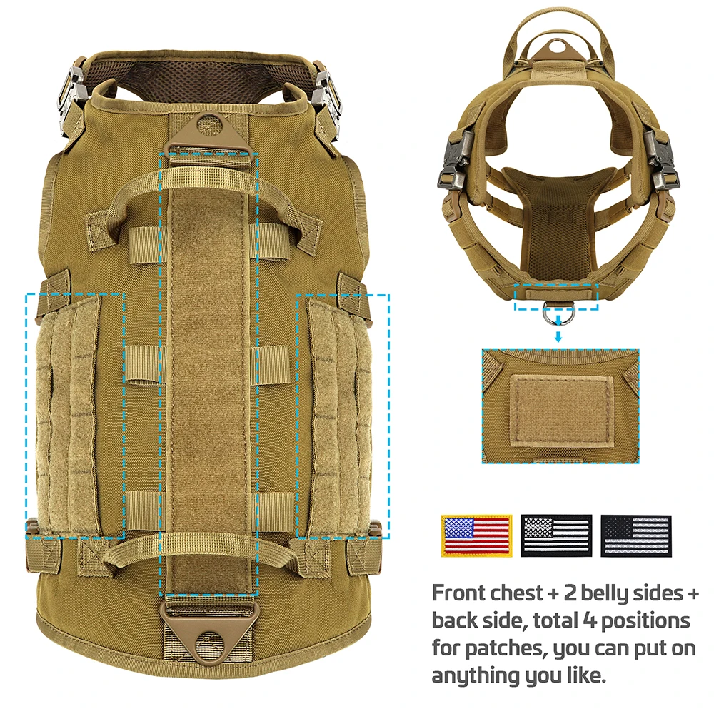 Arnés táctico militar para perro, conjunto de Collar y Correa, chaleco de entrenamiento para perros grandes y duraderos, MOLLE con bandera de bolsas