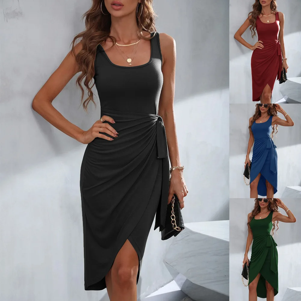 Women Commuter Square Neck Sleeveless Dress Summer Irregular Pullover Solid Midi Dress
