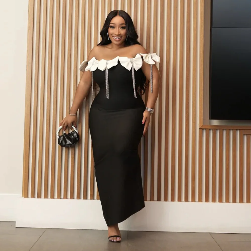 Sukienka damska na lato 2025 z jednym kołnierzykiem, biała, z dużą kokardą i diamentowym łańcuszkiem