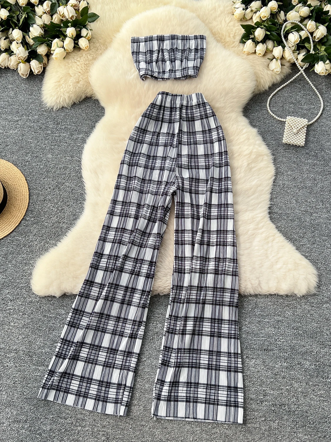 

Foamlina Chic Plaid Tube Top Camis + High Waist Wide Legs Long Pants Vintage Women's Classy Tank Top Pants 2 Piece Suit Summer