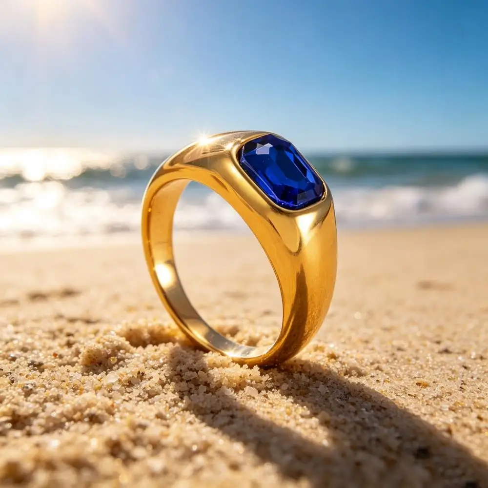 Rectangle Blue Zircon Stainless Steel Rings For Men Women Gold Color Couple Promise Engagement Wedding Bands Vintage Jewelry