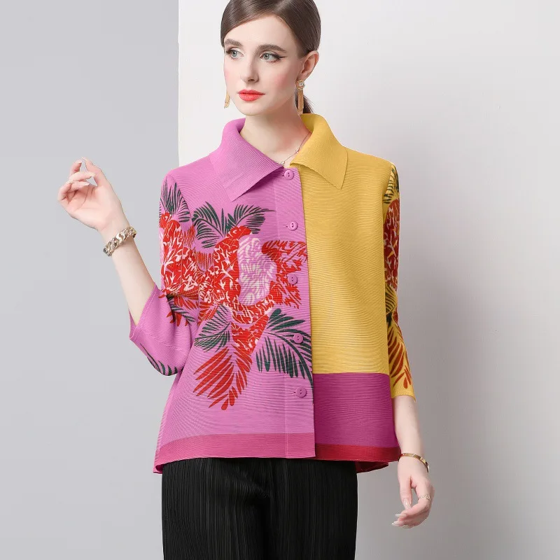 Women Elegant Camisas Turn Down Collar Casual Tops  Contrast Color Print Pleated Loose Shirts & Blouses Female Autumn 2024