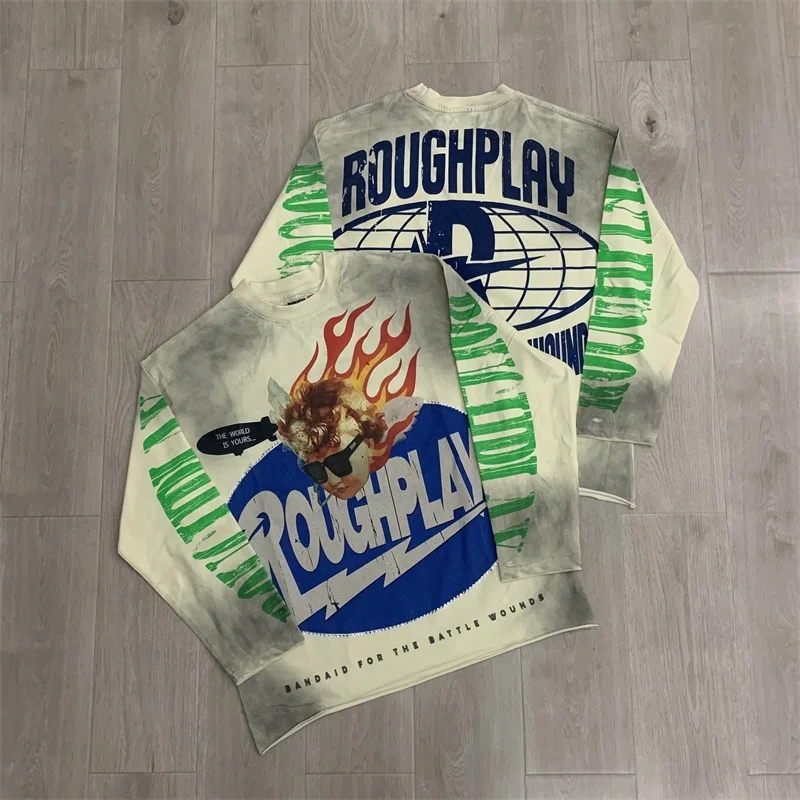 Washed Rough Hot Drill Letters Pullovers Men Women Pure Cotton American Vintage TShirts
