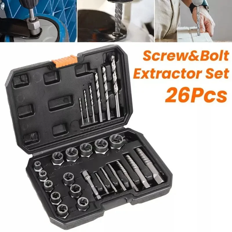 26PC Broken Nut Bolt Extractor Socket Head To Take Hexagonal Screw Tool Screws Remover Threading Tool Kit Nuts Set