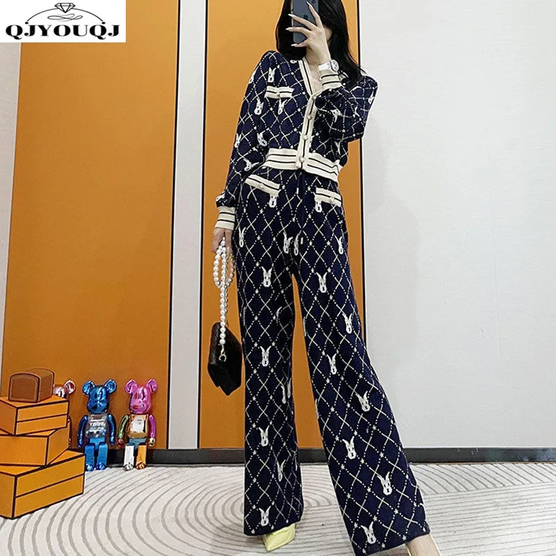 

Autumn and Winter Korean Edition New Small Fragrant Knitted Sweater+Fashionable Wide Leg Pants Style Two Piece Set