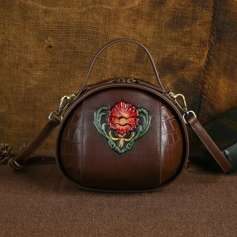Women Genuine Leather Messenger Bag Vegetable Tanned Hand Painted Embossed Retro Small Round Crossbody Purse Simple Fresh